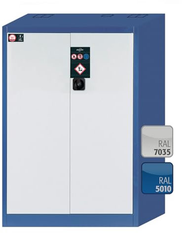 Asecos E-Classic Umweltschrank mit Flügeltüren und ZylinderschlossEnzianblau/Lichtgrau, 950mm Breite, 500mm Tiefe, 1400mm Höhe