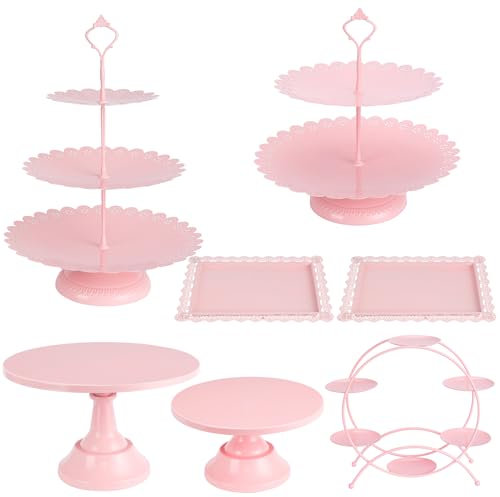 Set di 7 alzate per torte e dessert, in metallo, rotonde, a più livelli, rosa, bianco, cupcake, ruota panoramica, biscotti e piatti di frutta
