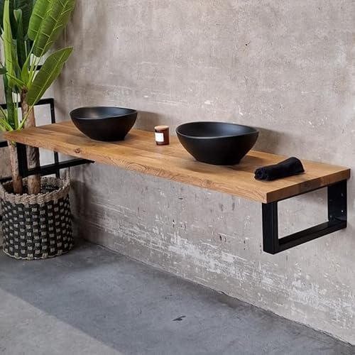 MyTimber® Waschtischplatte aus Eiche Massivholz | 4cm Starke Eichenbohlen | Ideal für Aufsatzwaschbecken | Baumkante oder gerade Kante (Gerade Kante - Gespachtelt & geölt, 80x50cm)