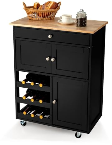 KOMFOTTEU Carro de Cocina de Madera, Carrito de Servicio con Ruedas, Mueble Isla Móvil con Cajón, Botellero de 3 Niveles y 2 Armarios, para Comedor, Bar, Restaurante, 67 x 37 x 86 cm (Negro)