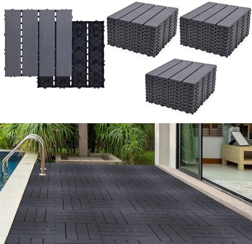 Ineinandergreifende Terrassenfliesen aus Kunststoff, 30,5 x 30,5 cm, wasserdicht, für Innen- und Außenbereich, Bodenfliesen für Balkon, Garten, Veranda, Pool, Hinterhof, Dunkelgrau, 27 m²