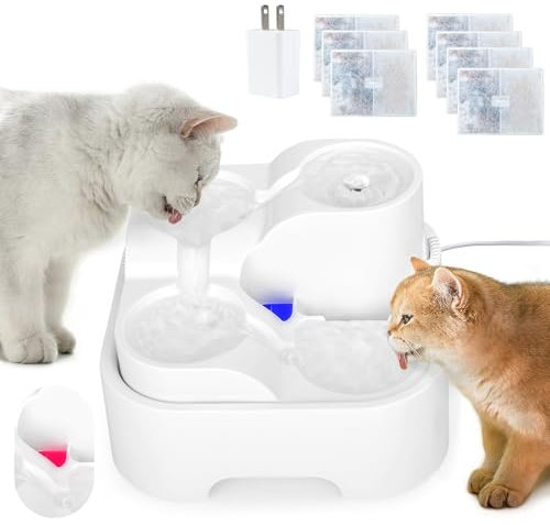 GOYJOY Cat Water Fountain, Pet Drinking Fountain for Multiple Pets, Ultra Silent 2L/67oz Cat Bowl with LED Light, 7pcs Activated Carbon Filter