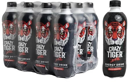 Crazy Tiger | Energy Drink Gusto Original, 12 Bottiglie da 50 cl PET Richiudibile, con Caffeina, Taurina, Vitamine, -50% di Zuccheri