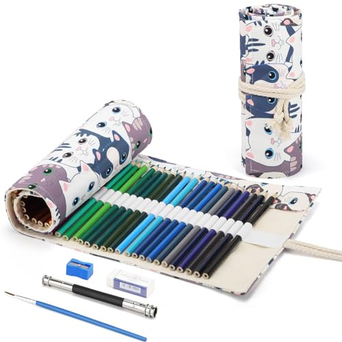 VICHOS 48 Oleosecon Matite colorate Professionali, Pastelli Colorati con Astuccio Arrotolabile, Set Colori Soft Core Premium Colour per Bambini e Adulti，Gattino