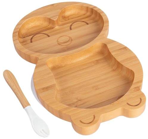 2pc Blanc Manchot Ensemble Assiette et Fourchette de Sevrage pour Bébé en Bambou - Bois Divisé Enfants Nourriture Alimentation Plateau - Silicone Ventouse - Par Tiny Dining