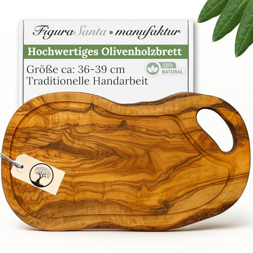 Figura Santa Schneidebrett Olivenholz -Holzbrett Küche mit Saftrille und Griff - massives Steakbrett Olivenholzbrett antibakteriell - alternative zu Schneidebrett Kunststoff (36-39cm)