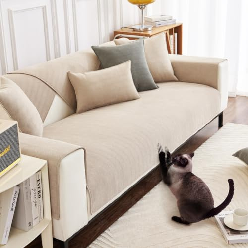 DUJUIKE Sofa Überzug 1/2/3/4 Sitzer, Chenille Sofaüberwurf, Ecksofabezug, L-Form Sofabezug, Katzensofa-Schutz, Knitter- und Kratzfest, Waschbar, rutschfest für U Form Sektionssofa(Weiß,70x210cm)