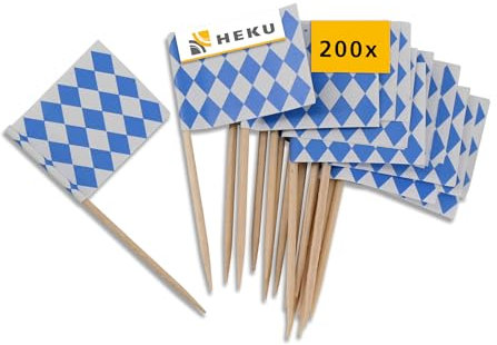 HEKU Décoration Oktoberfest Pic Aperitif 200 Pièces Carreaux Bleu et Blanc - Pic Brochette Bois Drapeau Bavarois Écologique - Brochettes en Bois Pique Cocktail Cure Dent