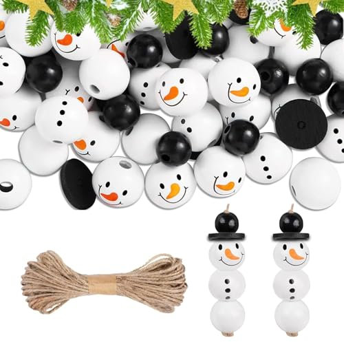 50 Stück Schneemann Holzperlen, 20mm mit Gesicht, DIY Basteln, mit 10m Schnur für Basteldekoration, Winter Party Deko