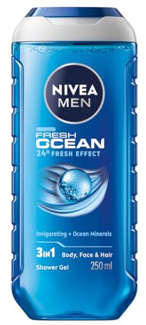 NIVEA MEN Doccia Shampoo Fresh Ocean 250 ml, Docciaschiuma uomo 3 in 1 per viso, corpo e capelli, Bagnoschiuma uomo quotidiano con Minerali Oceanici per un effetto freschezza 24 ore