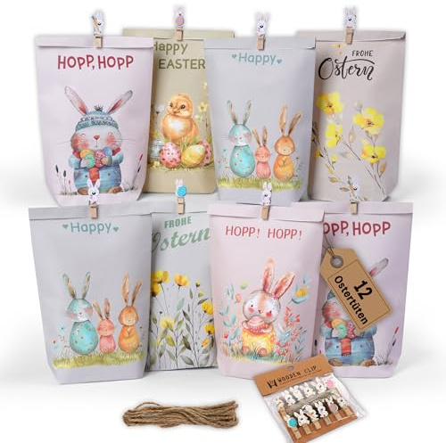 12 Ostertüten zum befüllen - Geschenktüten Ostern Set mit Motiv Hasen | Blumen und Küken - Ostern Papiertüten mit Holzklammern - ideale Mitgebsel Geschenkidee oder Oster Dekoration