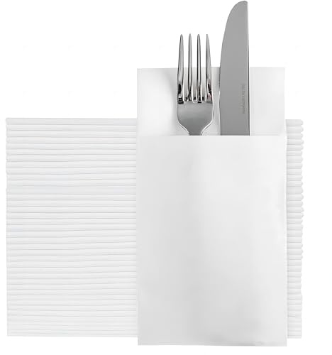 PEACHICHA Pre-Folded Dinner Napkin with Built-in Flatware Pocket, Disposable Linen-Feel Cloth-Like Napkins for Cutlery, Elegant for Party, Wedding, 40x40cm, White, 200 Count