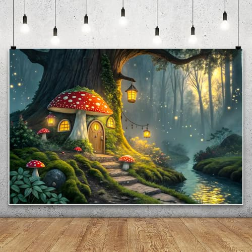 MIRRORANG 4.5x3m Forest Backdrop Enchanted Tree Mushroom House Glowing Lanterns Stream Photography Background for Fantasy Baby Shower Birthday Cake Table Banner Photo Booth Props