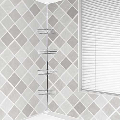 ViaGasaFamido Badezimmer-Spannstange, Verstellbare Dusch-Eckstange mit Großer Kapazität, Metallspannung, 4 Körbe, Aufbewahrungsregal für Badezimmer, Duschablagen