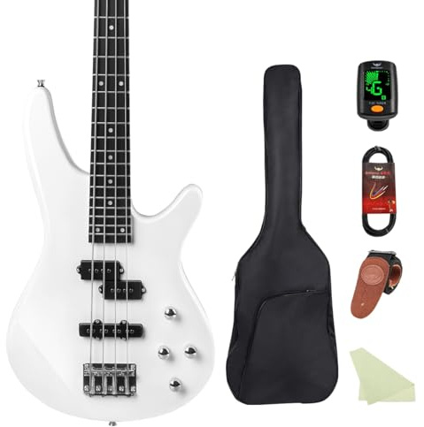 Bullstar E-Bassgitarre 4 Saiten Full-Size Standard E-Bass Anfänger Kit mit Gigbag Gitarrengurt und Gitarrenkabel Plektren enthalten, IB (Weiß)