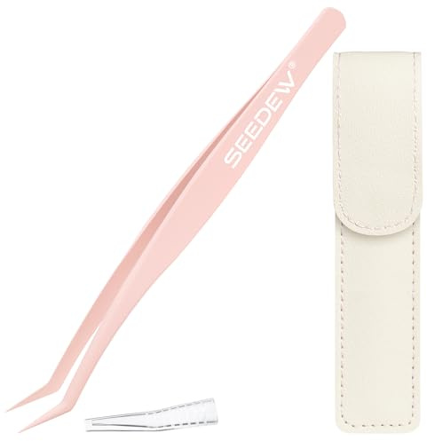 SEEDEW P02 Pince à Épiler, Applicateur de Cils Adhésifs DIY, Pince à Épiler Confortable Durable Incurvée à 45 Degrés en Acier Nano-Revêtement avec PU Étui de Protection, pour Extensions de Cils (Rose)