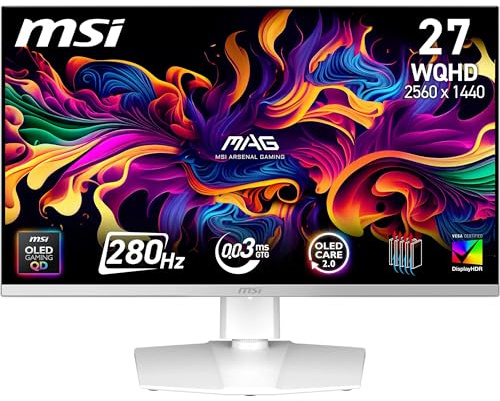 MSI MAG 272QPW QD-OLED X28 27-Inch WQHD, Gaming Monitor, 2560x1440 Quantum Dot OLED Panel, 280Hz, 0.03ms, DisplayHDR True Black 400, HDMI 2.1, DP 1.4a, USB C (15WPD), White