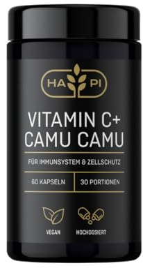 HAPI® Vitamin C + CamuCamu | 60 vegane Kapseln, hochdosiert | mit 500 mg Camu Camu Extrakt (davon 125 mg Vitamin C) | laborgeprüft, im Mironglas, ohne unnötige Zusätze
