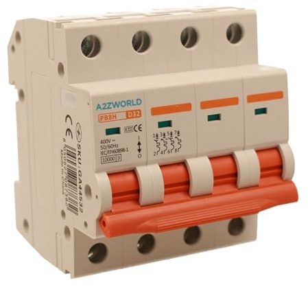 Interrupteur magnétothermique triphasé 4P 32A D32, courbe D 10 kA, 4 modules DIN 380 V AC, certifié IEC60898-1, série PB8H professionnelle