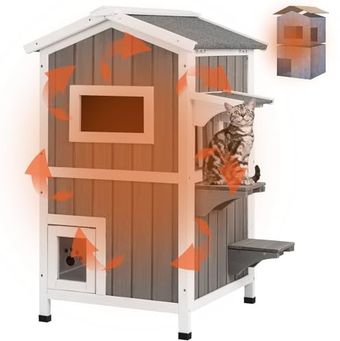 PetsCosset Insulated Cat House Outdoor Weatherproof All-Round Insulation Two Story Outside Wooden Feral Cat Shelter for Winter with 2 Escape Doors, Pull Out Floor and Openable Roof for Cats, Grey