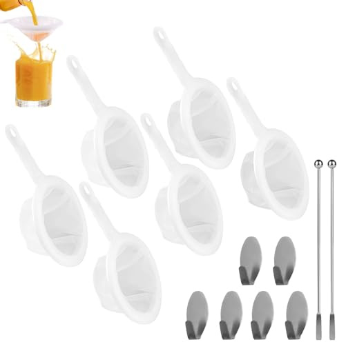 Foonary Lot de 6 passoires de cuisine fines avec poignée - 400/300/200/120/100/80 - Passoire à mailles fines avec 6 crochets et 2 agitateurs - Passoire en plastique pour jus de fruits, lait, café