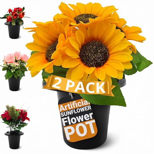 MoorGreen Fiore Artificial Grave Flower Pot Sunflower - 2 pack – Weighted Memorial Vase for Graveside Use – Wind-Resistant Design – Realistic Silk Flowers