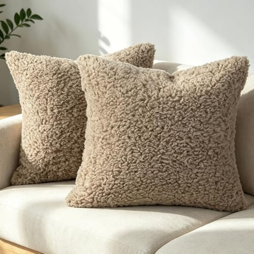 OYIMUA Weich Flauschig Deko Kissenbezug 40x40 Braun 2er Set | Bouclé Sherpa Sofakissen,Dekokissen Couchkissen Plüsch Kissen,Wohnzimmer Schlafzimmer Deko Kissenhülle