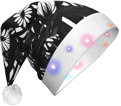 Evengigy Weihnachtsmütze mit schwarz-weiß gestreiftem Blumendruck, LED-Weihnachtsmütze für Erwachsene, lustige Weihnachtsmütze für Erwachsene, Unisex, Party