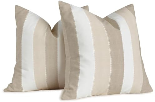 Brylleii 2er Set Kissenbezug Weiss Gestreift Muster 50 x 50 cm Beige Braun Kissenbezüge Moderne Leinen Dekorative Kissen Vintage Sofa Kissenhülle für Wohnzimmer Couch Outdoor Waschbar Bezug