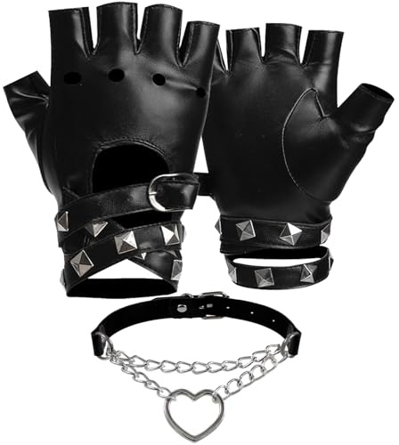 AUNGCSHE Goth Handschuhe Fingerlos und Gothic Choker Kette, PU Leder Punk Fingerless Gloves Damen für Rocker Outfit Damen, Gothic Kleidung, y2k Accessoires, Karneval Kostüm