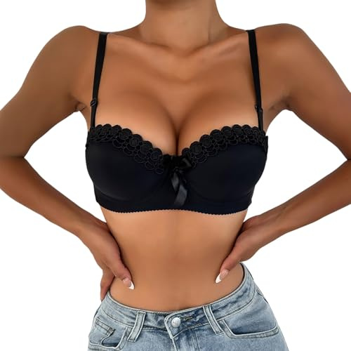 Soutien-gorge confortable pour femme - Soutien-gorge push-up à armatures avec armatures en dentelle - Soutien-gorge demi-coque - Soutien-gorge lisse pour femme - Bretelles confortables et réglables