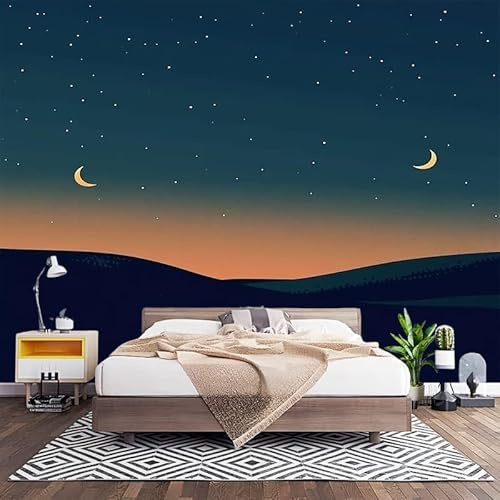 Fotomurales XL 200x140 cm Luna Estrellas MontañAs Impermeable Papel Pintado Tejido no Tejido Estilo de Dibujos Animados Decoración de Pared Moderna Murales para Pared Salón Cocina Baño Pasillo Comedor