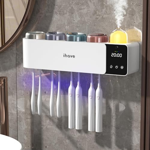 iHave Toothbrush Holders Wall Mounted with Toothbrush Sanitizer & Aromatherapy Diffuser | Auto-Cycle Disinfection, Heated Fan Drying, USB Rechargeable, IR Night Light,LED - 4 Cups Bathroom Organizer
