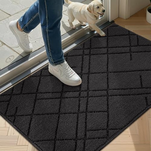Biscpro Indoor Doormat,50x80cm Welcome Mat,Non-Slip Absorbent Door Mat,Rubber Backing Dirt-Trapping Front Door Mat,Washable Low-Profile Stylish Mat for Entrance,Kitchen,Garden,Laundry Room(Black)