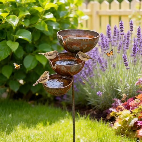 Regenfänger Gartenstecker Rost, 3 Etagen Metall Insektentränke Garten Gartendeko Rost für Draußen, Regenfänger Bienentränke Vogeltränke Gartenstecker für Garten, Wassertränke für Vögel (68cm Hoch)