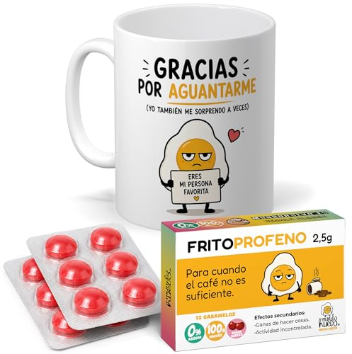mundohuevo Regalo Pack Original para Amigos, Pareja, Familia y Oficina | Taza Divertida “Gracias por Aguantarme” 350 ml + 12 Caramelos de broma en blister Sin Azúcar con sabor cereza.