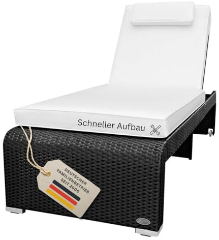 RS Trade Sonnenliege Gartenliege wetterfest aus Rattan, extra hoch & extra breit auch für Senioren – XXL bis 200kg – mit Rollen, Outdoor Liege mit verstellbarer Rückenlehne, schwarz mit weißer Auflage