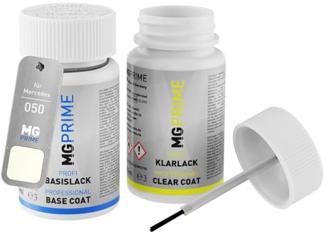 MG PRIME Autolack Lackstift für Mercedes 050 Weiss/White + Klarlack | Set aus Basislack + Klarlack, Lackfläschchen mit Pinsel, je 50ml