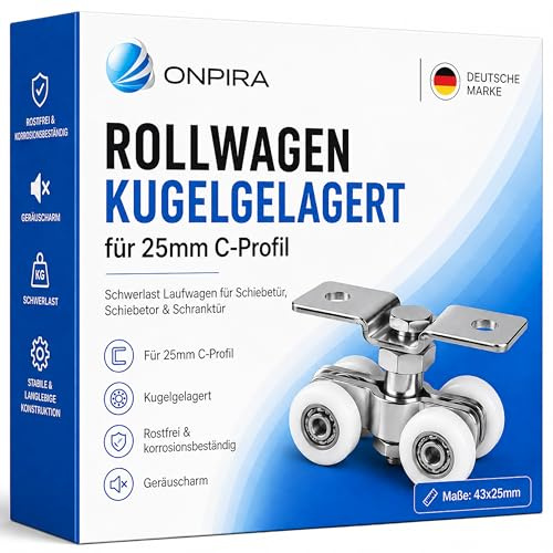 Onpira® Rollwagen Kugelgelagert für 25mm C-Profil | Schwerlast Laufwagen für Schiebetür, Schiebetor & Schranktür Rostfrei & Geräuscharm Maße 43x25mm
