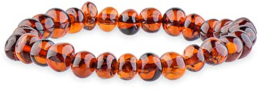 Genuine Amber Unisex Bracelet - Polished Baltic Sea Amber Jewelry - Baroque Shape Amber Beads Hand-Assembled in Europe - Cognac - 7 inch