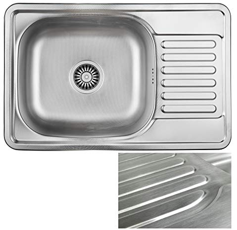 VBChome Einbauspüle 66x42 Satinstruktur Edelstahl Küchenspüle Spüle Ablagefläche Reversibel Abtropffläche eckiges Camping Ablaufgarnitur Siphon