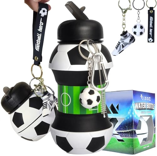 RIXOZ Fußball-Wasserflasche – 550 ml Silikon-faltbare Fußball-Wasserflasche mit Fußball-Schlüsselanhänger für Kinder