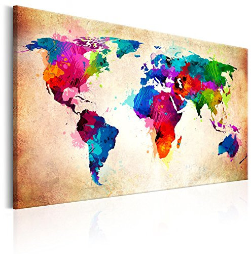 B&D XXL - Akustikbild Weltkarte Bilder Akustikschaum Hochleistungsschallabsorber Schallschutz Leinwand 1 tlg Wandbild Raumakustik Schalldämmung Karte World bunt Abstrakt k-C-0038-b-a