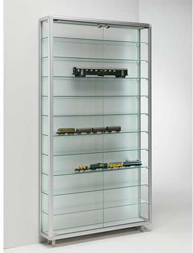 MHN Sammlervitrine & Standvitrine 19 x 99 x 183,5 cm – Flache Glasvitrine zur Wandaufstellung, abschließbar, Holzrückwand – LED Beleuchtung – für Modellautos, Modell-Eisenbahn oder Figuren