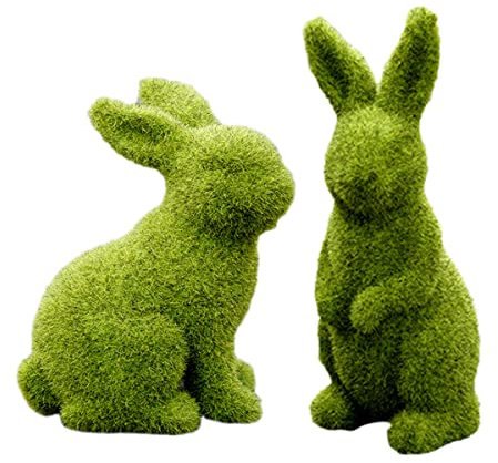 Glistenovelty Coniglietto di muschio pasquale imitazione muschio coniglio statua artificiale muschio erba coniglio pasquale vacanza primavera decorazione per giardino cortile (2 pezzi, medio)