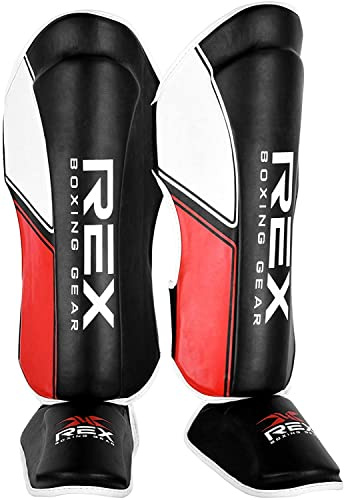 Rex Sports Shin Guards for Muay Thai, Kickboxing, MMA Fighting and Training, Instep Leg Protector Foam Pads for Martial Arts, Sparring, Protective Gear for BJJ and Boxing (M, Black/Red)
