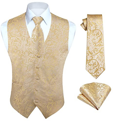 HISDERN Anzugweste für Herren Paisley Hochzeitsweste Krawatte Einstecktuch Taschentuch Jacquard Floral Anzug Weste Set Beige Champagner L