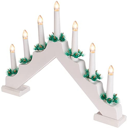 BAKAJI Portacandele Candelabro Avvento Natalizio Elettrico Led con 7 Candele di Natale Illuminazione Natalizia Arredamento Candela Arco di Candele in Legno Design Moderno Decorazioni (Bianco)