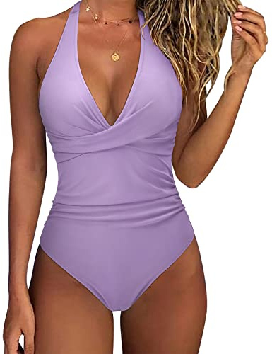 SUUKSESS Women Sexy Tummy Control One Piece Swimsuits Halter Push Up Monokini Bathing Suits (Light Purple, L)