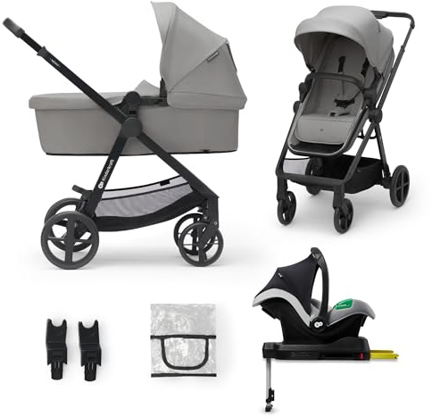 kk Kinderkraft NEWLY 4 in 1 Trio passeggino neonati, con Ovetto I-SIZE 40-75 cm, Base ISOFIX, Carrozzina, TRAVEL SYSTEM, filtro UPF50+, Con Accessori, Pieghevole, Schienale regolabile, Grigio